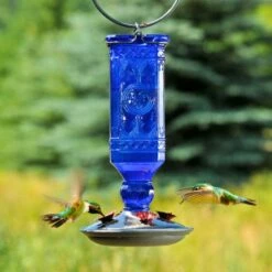 Perky-PetĀ® Cobalt Blue Square Antique Glass Bottle Hummingbird Feeder